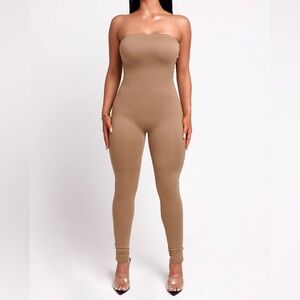 MyOutfitOnline Double Layer Tan Strapless Jumpsuit